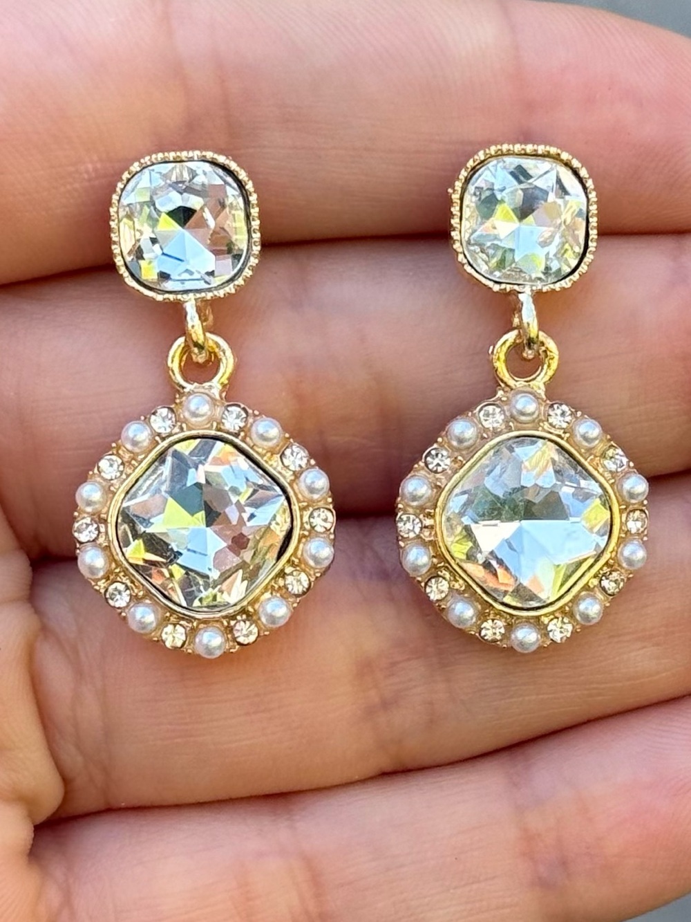 Gold Crystal and Pearl Halo Drop Earrings - Picture 5 of 5